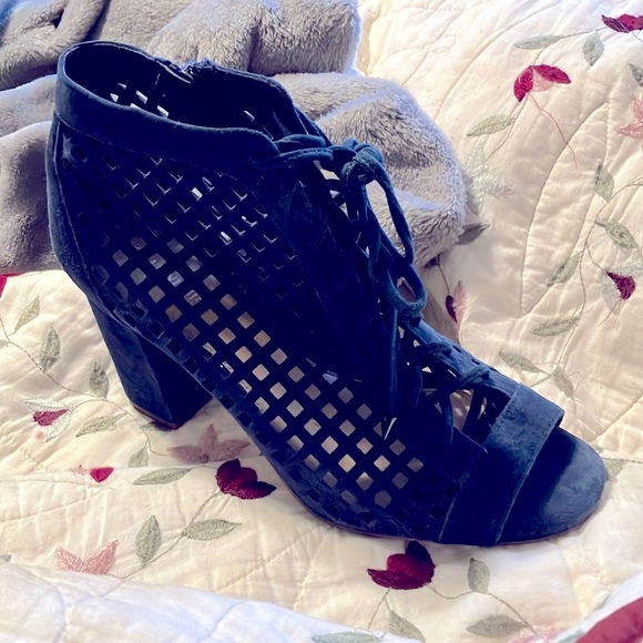Elegant Navy Blue Lace-Up Block Heels Open Toe Inside Heavy Duty Zipper Sz 9.5M - Picture 3 of 10